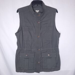 LL Bean Utility Vest Womens Large Green Zip Up Safari